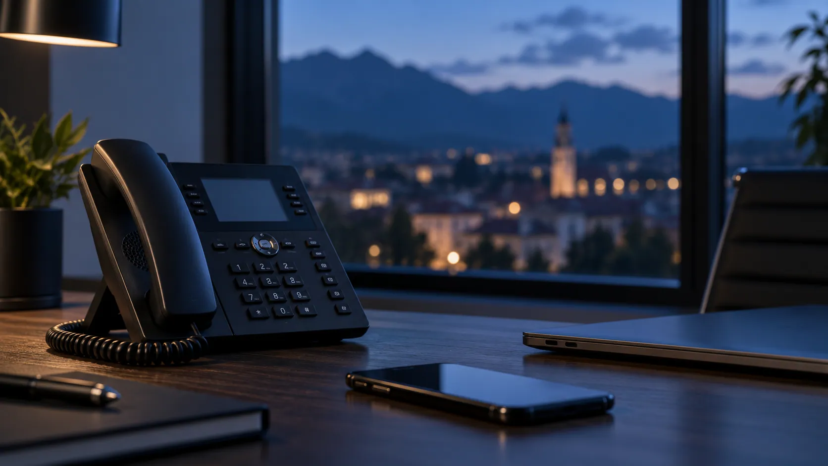 Un telefono da scrivania accanto a un portatile e a uno smartphone, su una postazione affacciata su una cittadina all'ora blu.