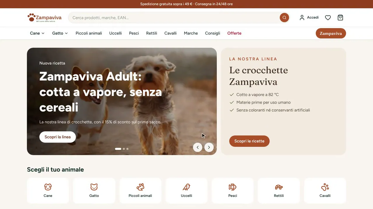 La home del negozio online: un banner con la nuova ricetta della linea propria, il riquadro della linea e la scelta del reparto per animale.