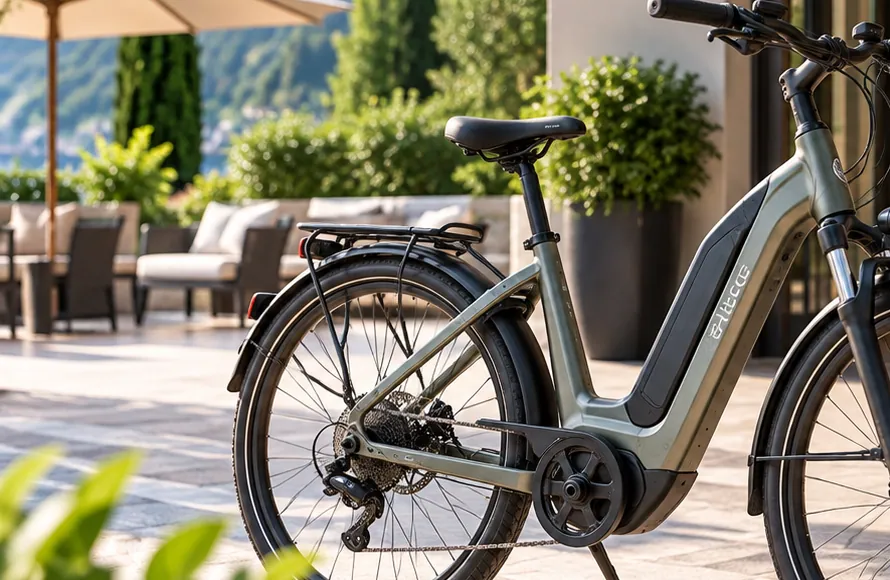 Una bicicletta elettrica parcheggiata sulla terrazza di una struttura ricettiva, con montagne sullo sfondo.