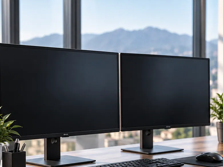 Due monitor spenti su una scrivania ordinata davanti a una vetrata.