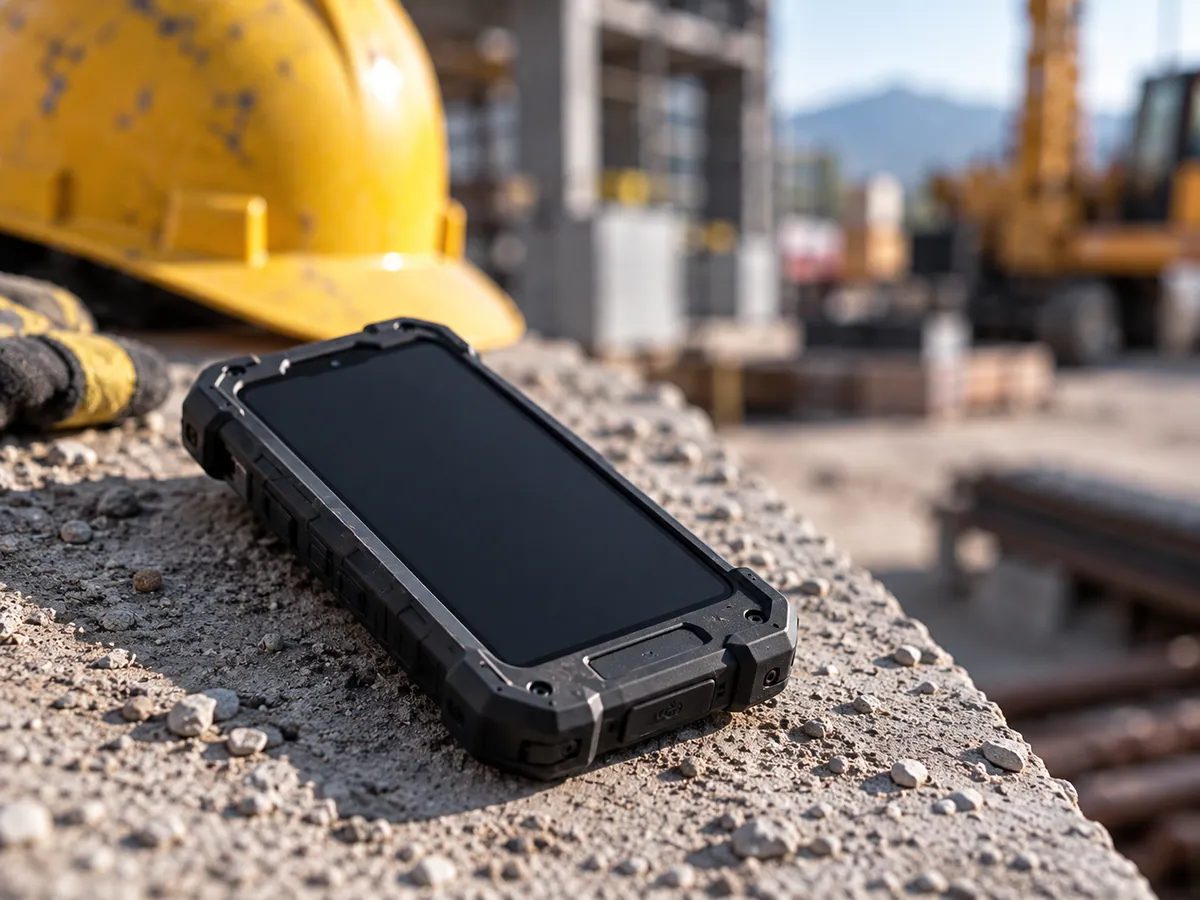Uno smartphone con scocca rinforzata appoggiato sulla ghiaia di un cantiere, con un casco giallo sullo sfondo.