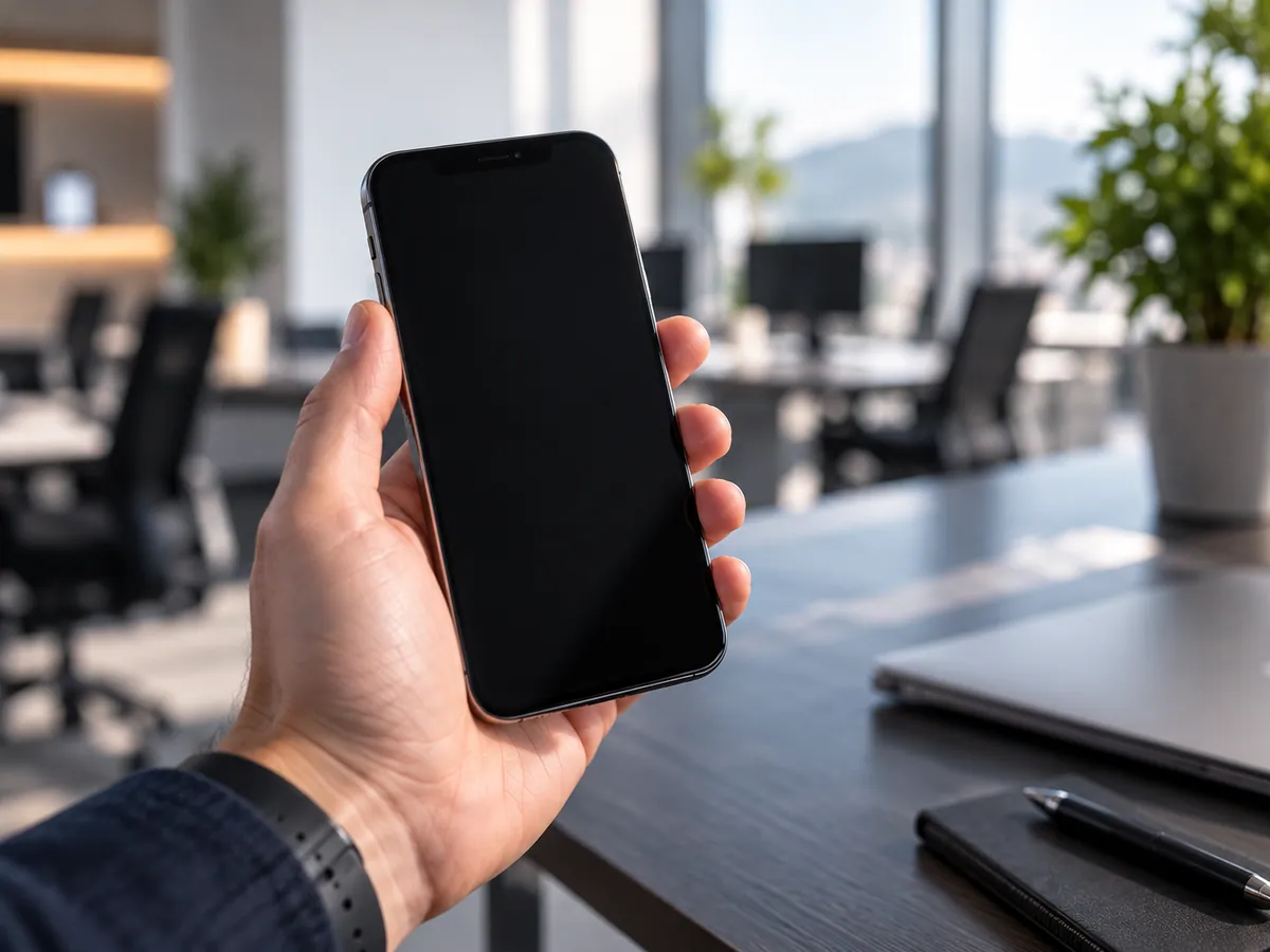 Una mano regge uno smartphone spento in un ufficio open space.
