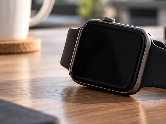 Uno smartwatch con lo schermo spento appoggiato su una scrivania in legno.