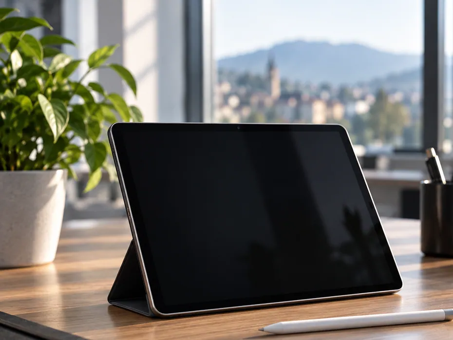 Un tablet su un supporto pieghevole accanto a un pennino, su una scrivania in legno.
