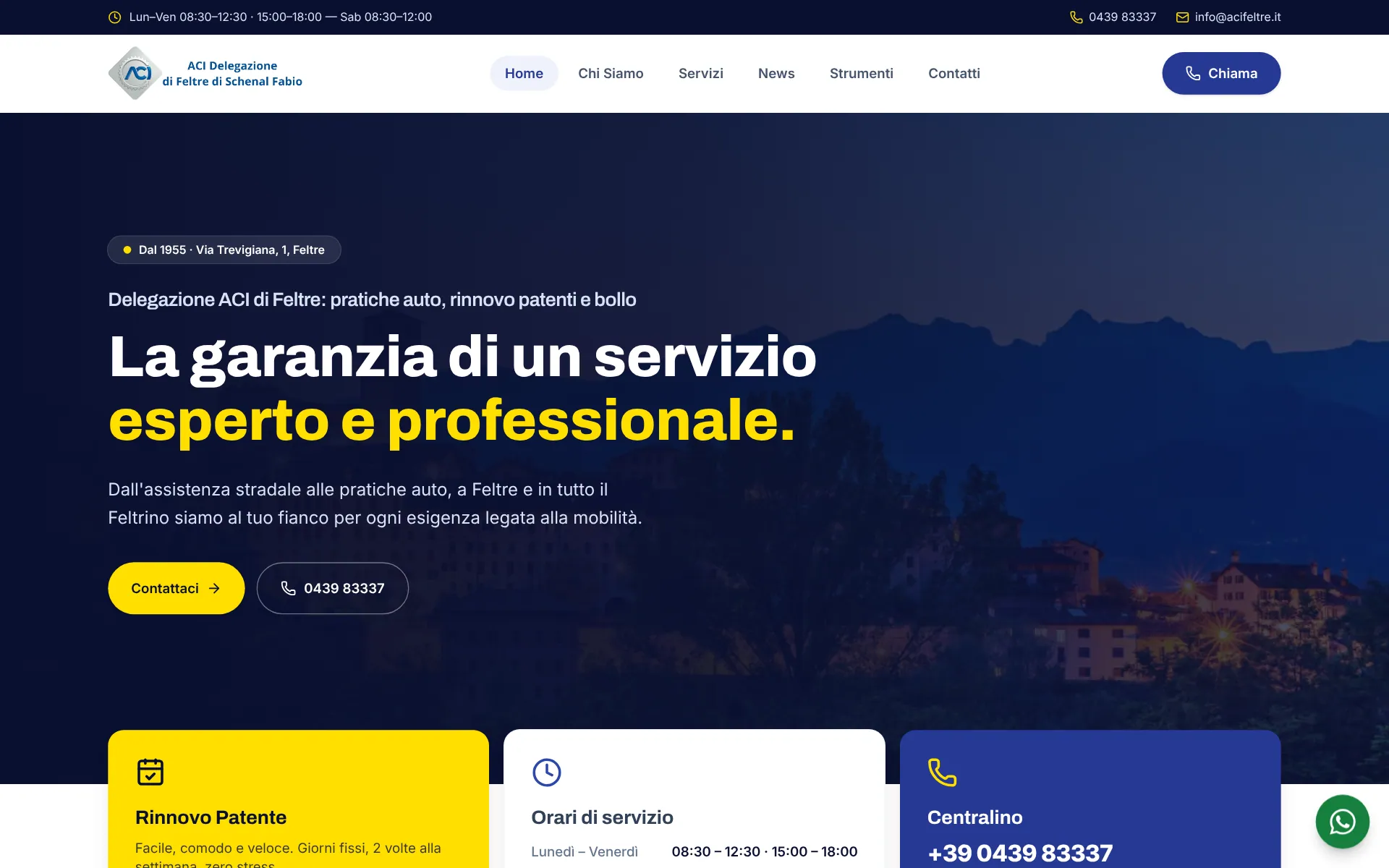 Home page del sito ACI Feltre: il titolo «La garanzia di un servizio esperto e professionale» su una foto notturna di Feltre, con i pulsanti per contattare e chiamare e i riquadri di rinnovo patente, orari e centralino.