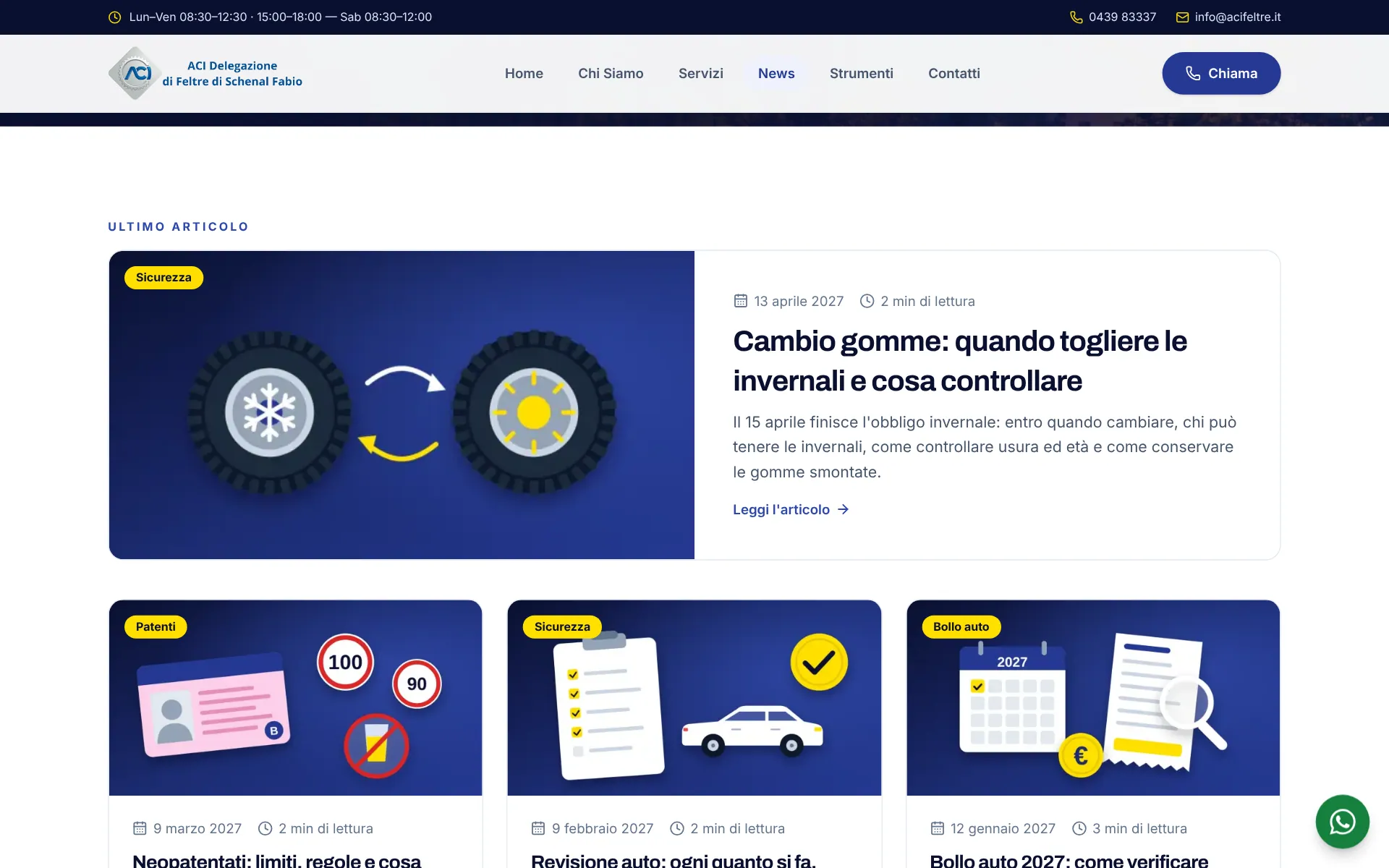 Sezione News del sito ACI Feltre: l'articolo sul cambio gomme in evidenza e, sotto, quelli su neopatentati, revisione e bollo auto.