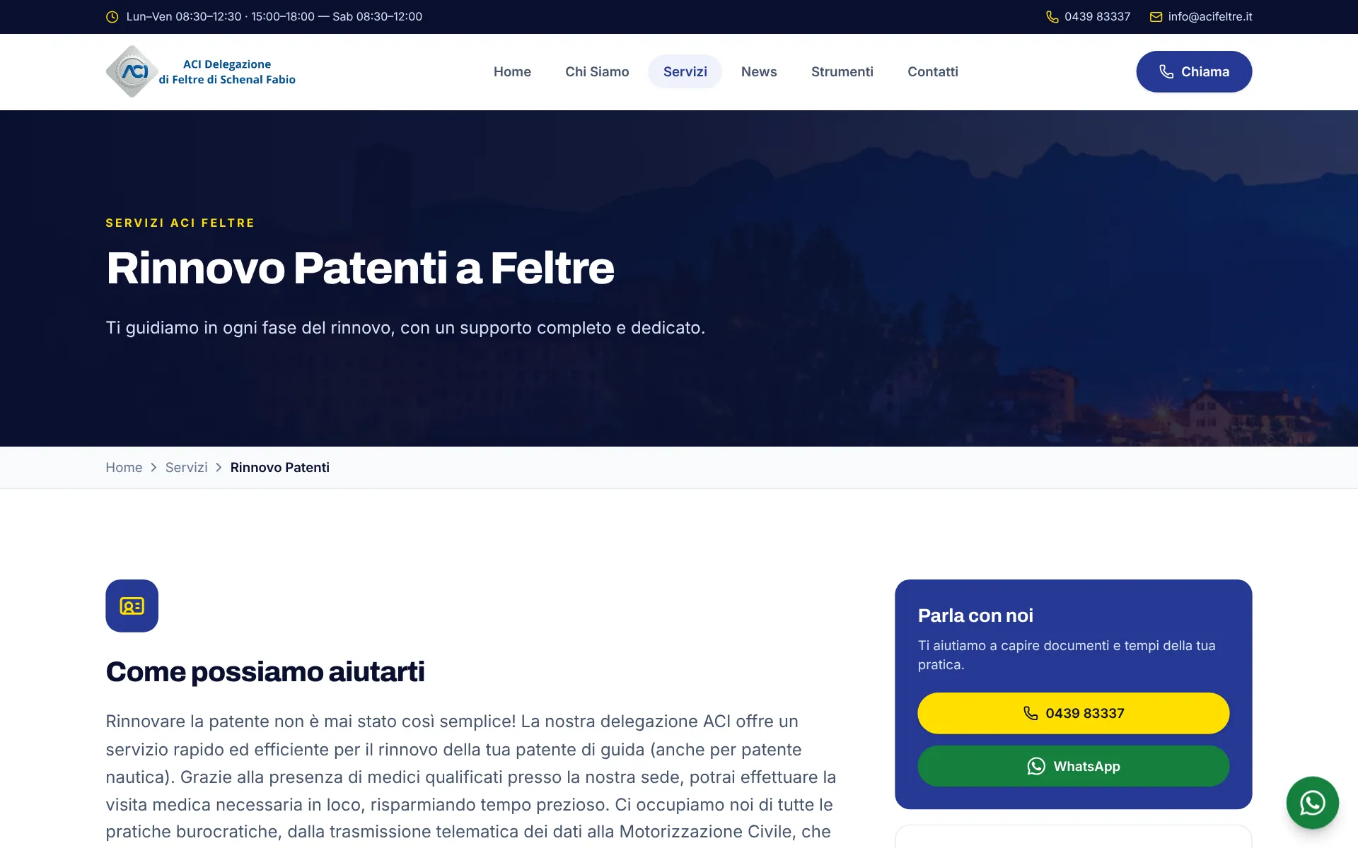 Pagina del servizio di rinnovo patenti sul sito ACI Feltre, con la spiegazione del servizio e il riquadro per chiamare o scrivere su WhatsApp.