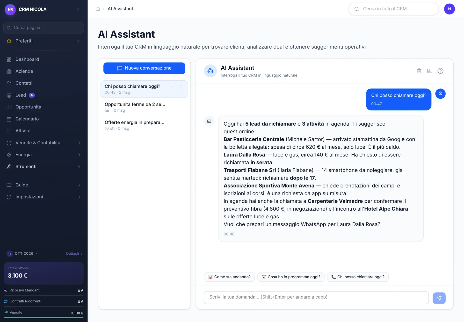 Assistente AI del CRM: alla domanda «Chi posso chiamare oggi?» risponde con l'elenco dei lead da richiamare in ordine di priorità, gli appuntamenti della giornata e la proposta di preparare un messaggio WhatsApp.