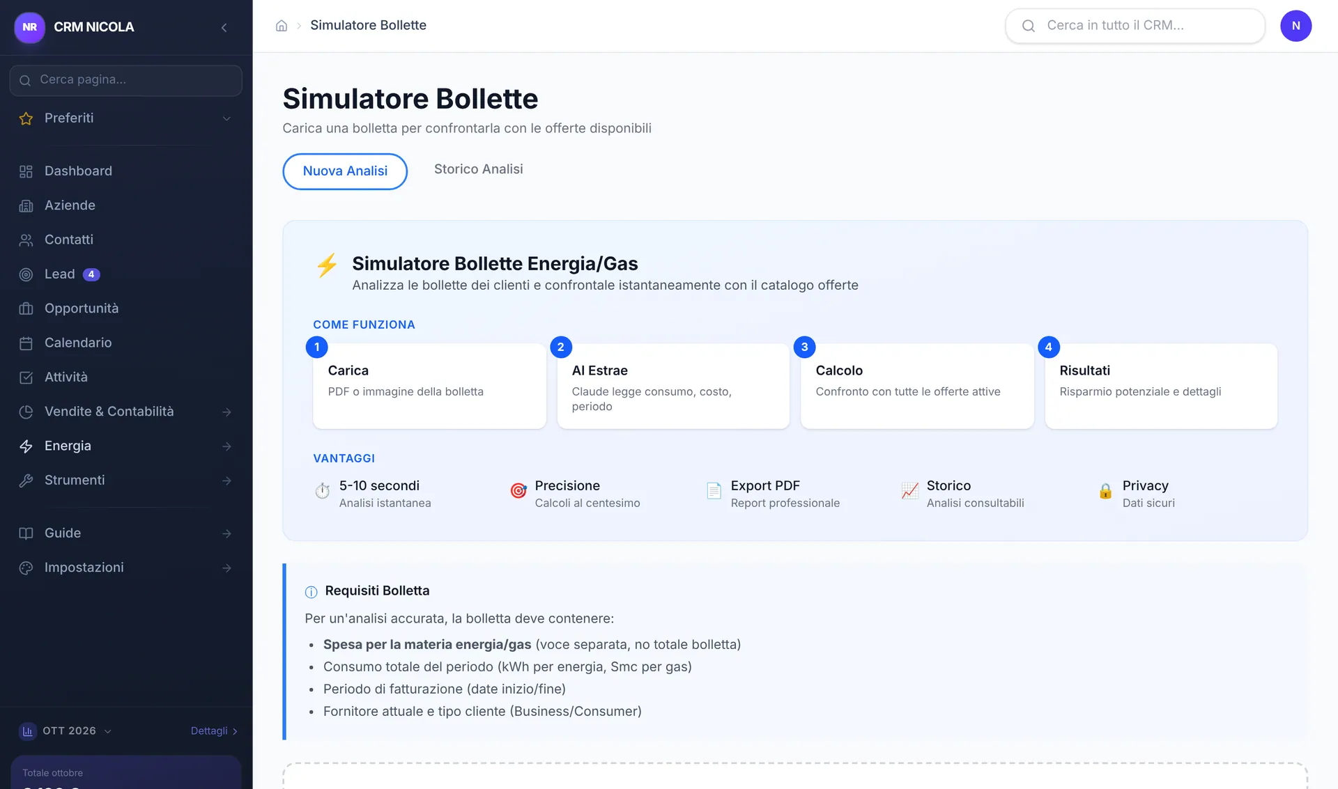 Simulatore bollette: i quattro passaggi — carica la bolletta, l'AI estrae i dati, calcolo, risultati — e sotto i requisiti della bolletta e l'area in cui trascinare il file.