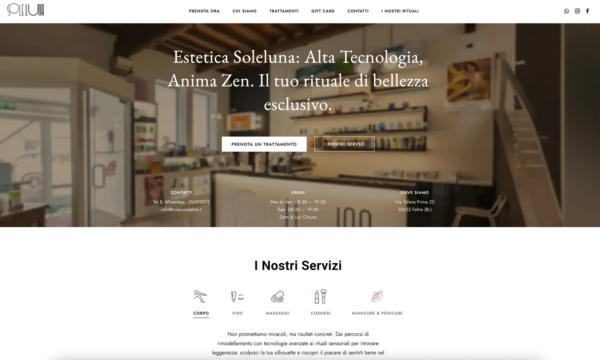 Home page del sito SoleLuna: la frase «Alta Tecnologia, Anima Zen» sopra una foto del centro, con contatti, orari e le icone delle aree di servizio.