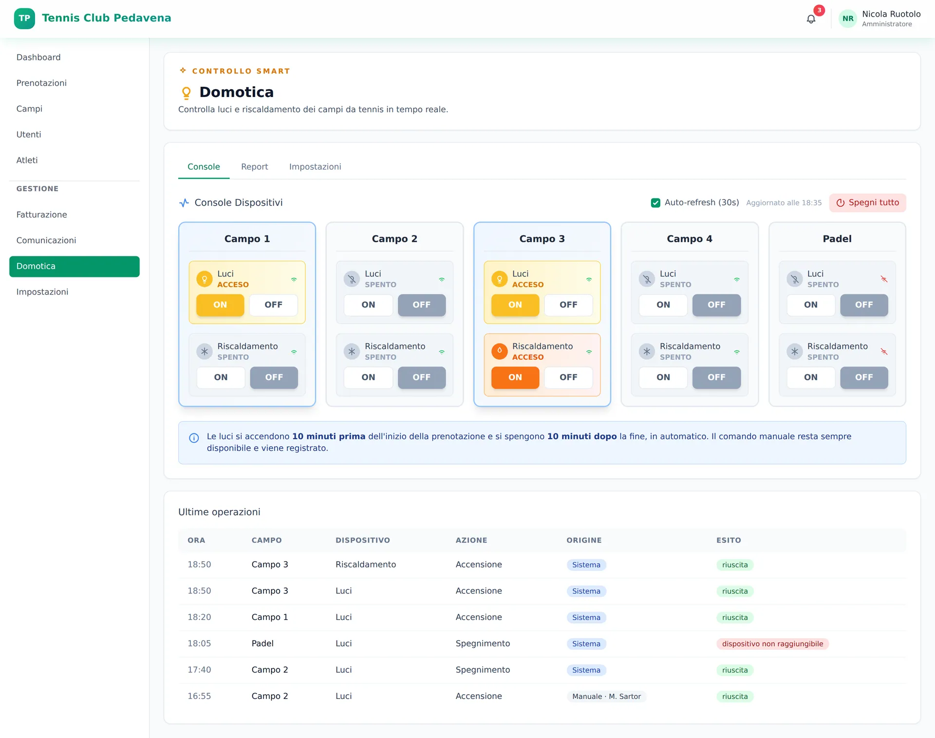 Console domotica del portale: per ognuno dei cinque campi lo stato di luci e riscaldamento, con i comandi ON e OFF, e sotto il registro delle ultime operazioni.